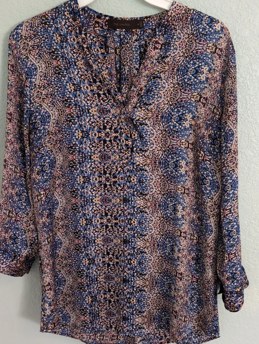 The Limited Blue Multi-Pattern V-Neck Top With 3/4 Sleeves